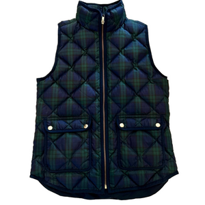 J Crew Excursion Navy Green Plaid Size XS Puffer Vest Quilted Down Tartan